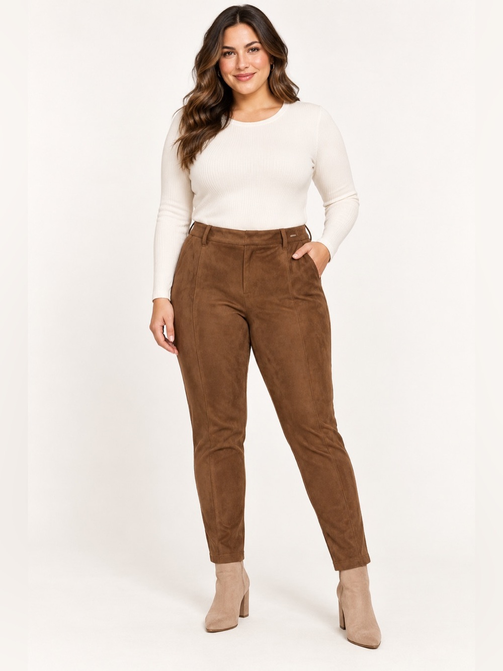 Tahari Brown Faux Suede High-Rise Skinny Pants Size Large